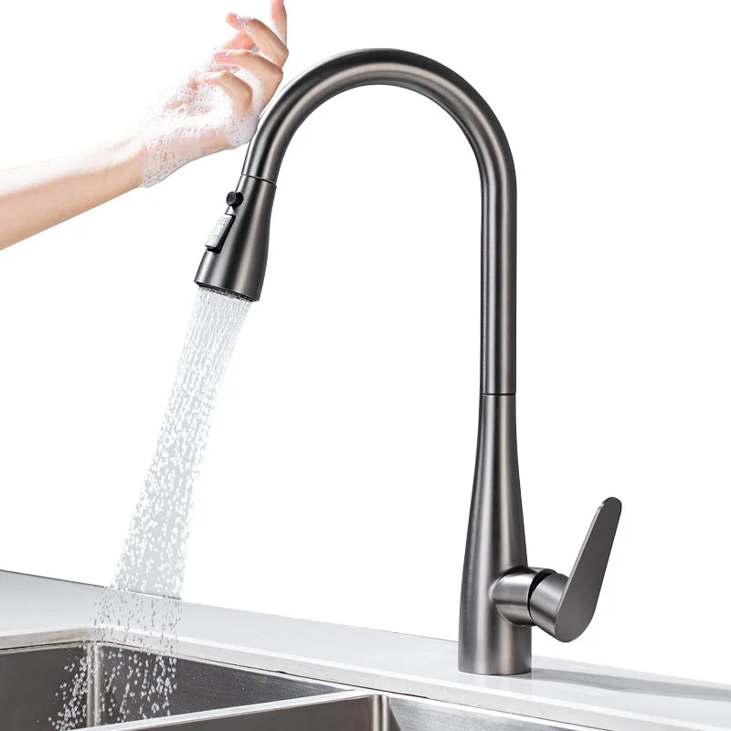 Pull out faucet, kitchen hot and cold intelligent touch sensing, vegetable washing basin sink, rotatable and extendable universa