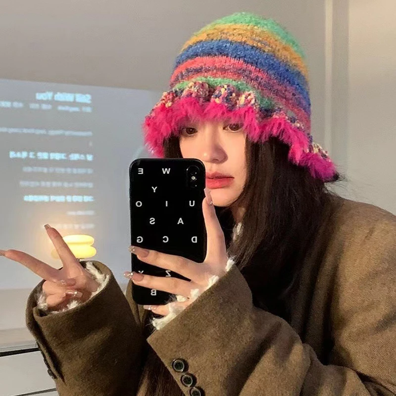 Rainbow Striped Knit Beanies Hat for Women Fall Winter Warm Bucket Fisherman Hat for Outdoor Korean Fashion New