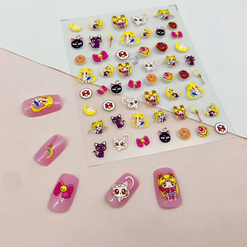 Chibi Magical Girl Pretty Moon Bowne Nail Stickers Kawaii Nail Decals Embossed Cat Funny Otaku Nail Accessories Fashionable