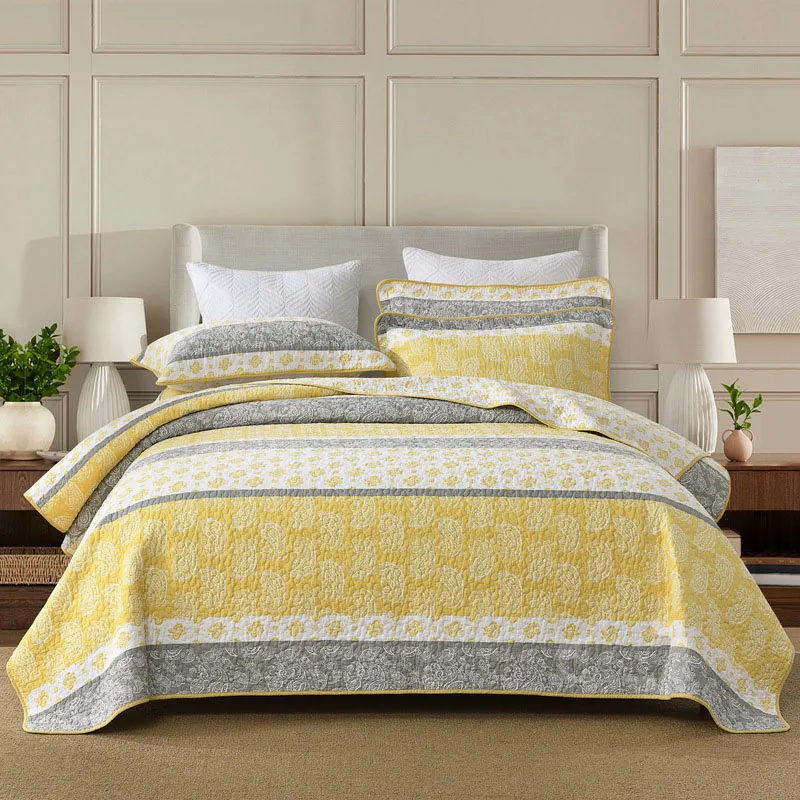 

100% Cotton Quilt & Bedspread Set 3pcs, Lightweight Quilted Coverlet All Season, American Floral Print Home Decor Bedding