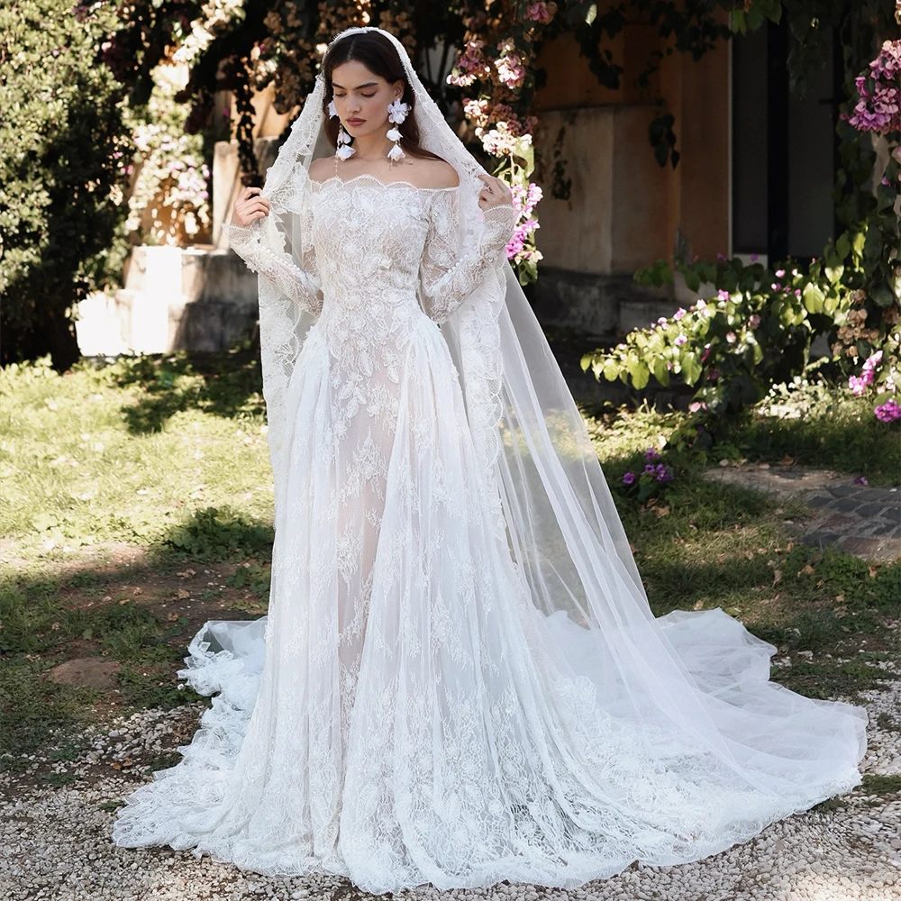 

Luxury Lace Wedding Dresses Off Shoulder Long Sleeve A Line Bride Dress Sweep Train Civil Bridal Gown Customized robe de mariée