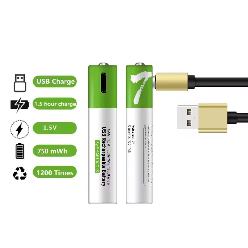 AA + AAA USB بطارية قابلة للشحن 1.5 فولت AA 2600mWh/AAA 750mWh بطاريات ليثيوم أيون للماوس والساعة ماكينة الحلاقة ومقياس الحرارة + كابل TYPE-C
