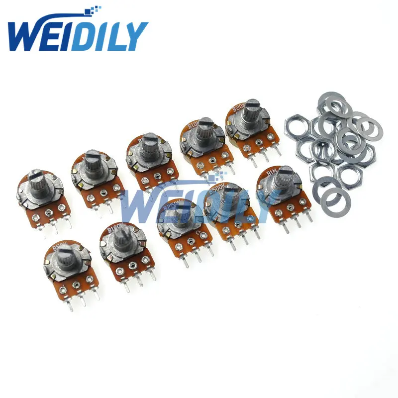 10PCS WH148 Linear Potentiometer Kit Single Joint B1K 2K 5K 10K 20K 50K 100K 250K 500K 1M ohm With Nut And Washe 3Pin 15mm Shaft