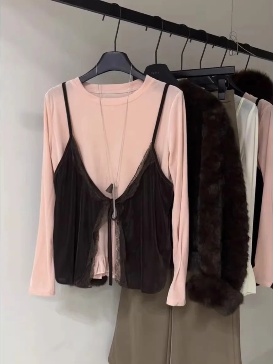 

Корейский комплект из сладкого бархатного кружевного укороченного топа и бота, женский комплект ранней весны, новый слойный базовый ансамбль irt