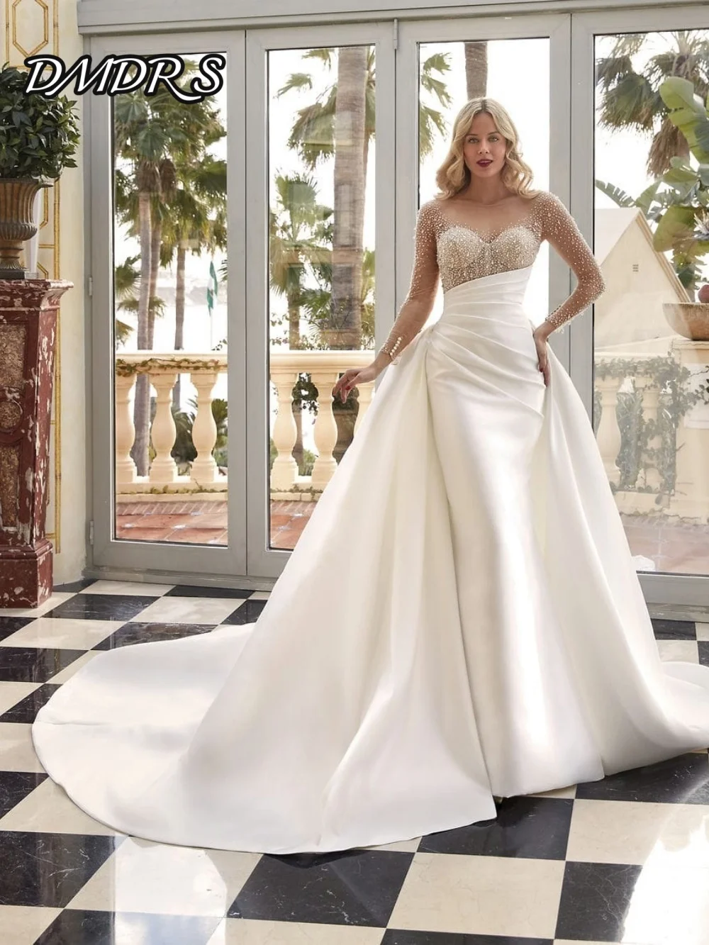 

Stylish Long-Sleeve Wedding Dresses Romantic A-Line Bridal Gowns Elegant Satin Floor-Length Wedding Gowns Vestidos De Novia