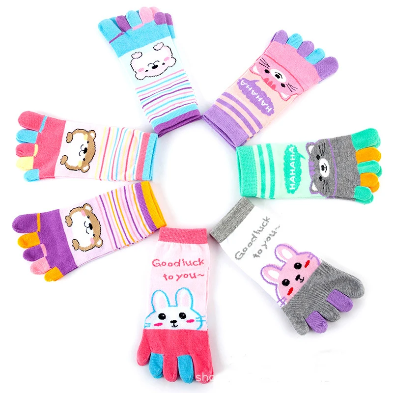 5 Pairs Cute Toe Socks Women Girl Cotton Striped Rabbit Bear Bright Color Young Casual Fashion 5 Finger Happy Socks Invisible