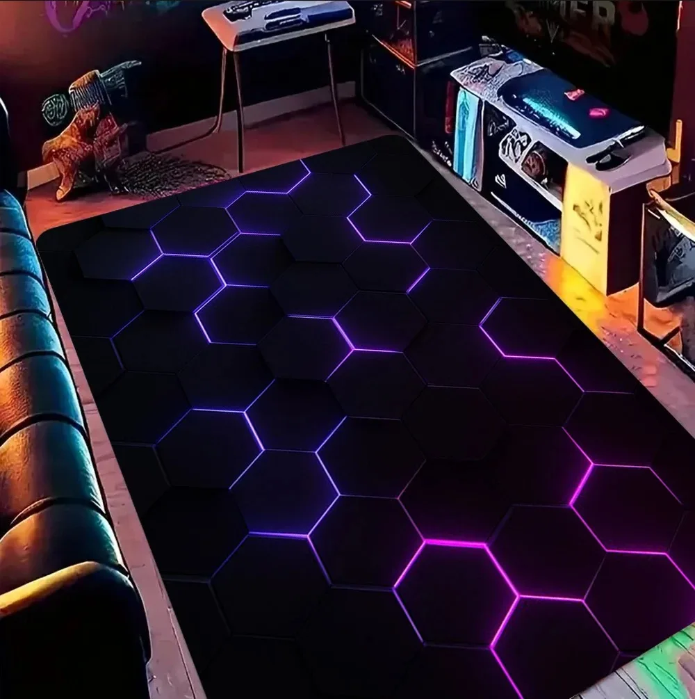 Vibrant Dark‑Tone Hexagon Game Rug Glowing Rainbow Honeycomb Grid Pattern Teen Game Room Playroom Bedroom Decor Floor Doormat