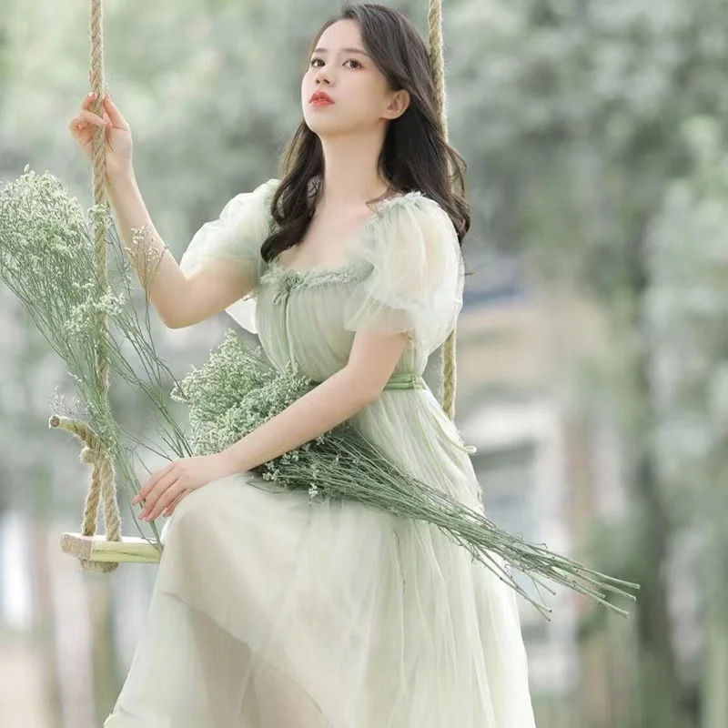 الضوء الأخضر Ruched شبكة ميدي فستان وصيفات الشرف الوهم ساحة طوق ألف خط قصيرة الأكمام عادية عطلة سيدة فستان حفلات مسائية