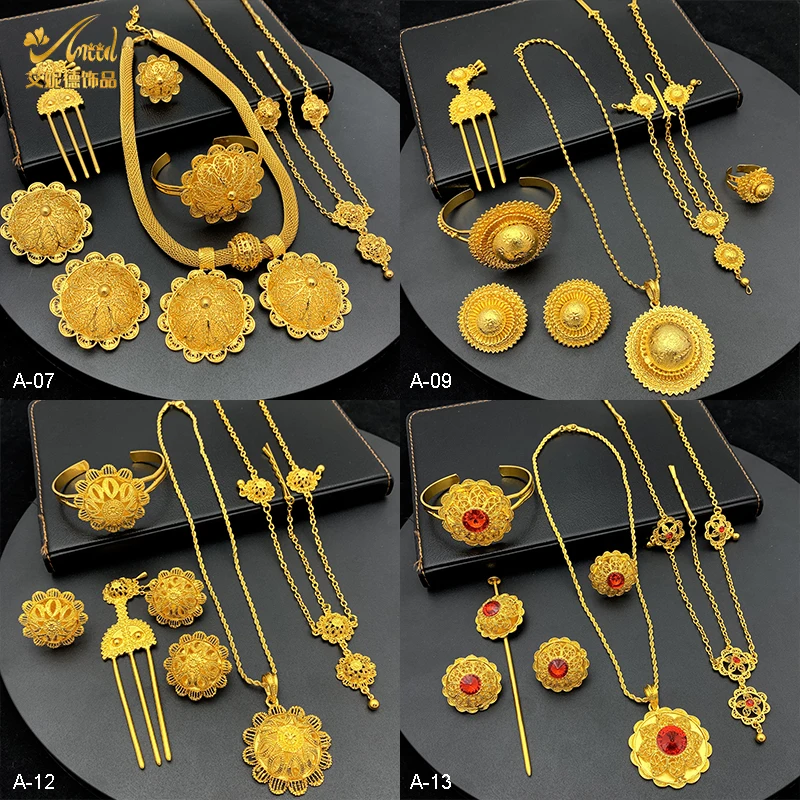 ANIID Ethiopische Goud Kleur 6 stks Sieraden Sets Voor Vrouwen Dubai Bloemvorm Nigeriaanse Luxe Ketting Sieraden Set Huwelijksgeschenken