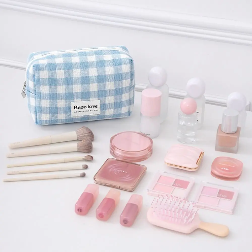 

Portable Lattice Plaid Cosmetic Bag Zipper Waterproof Makeup Pouch Large Capacity Polyester Travel Wash Bag Bathroom