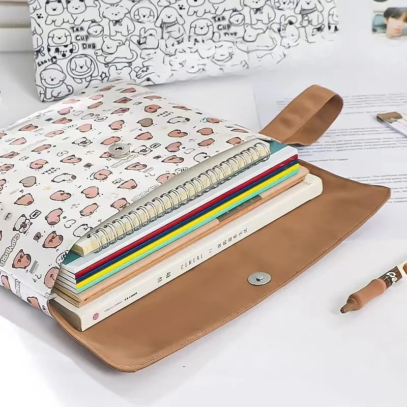 Capybara Cartoon Document Bag Large Capacity Zipper File Folder Black Puppy Organizer Student Papers A4 Portable Storage Pouch