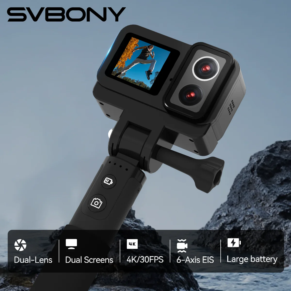 

Svbony SVGo Dual Lens Dual Screen Action Camera Waterproof Grip Charging 4K30 More Clearly Visible by Night for Cycling Vlog