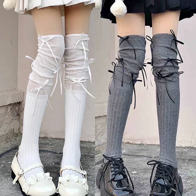 Lolita Long Socks Women Bandage Ribbon Bow Sweet Girls Kawaii Sexy Middle Tube Socks Ballet Style Solid Color Black White Socks image 3