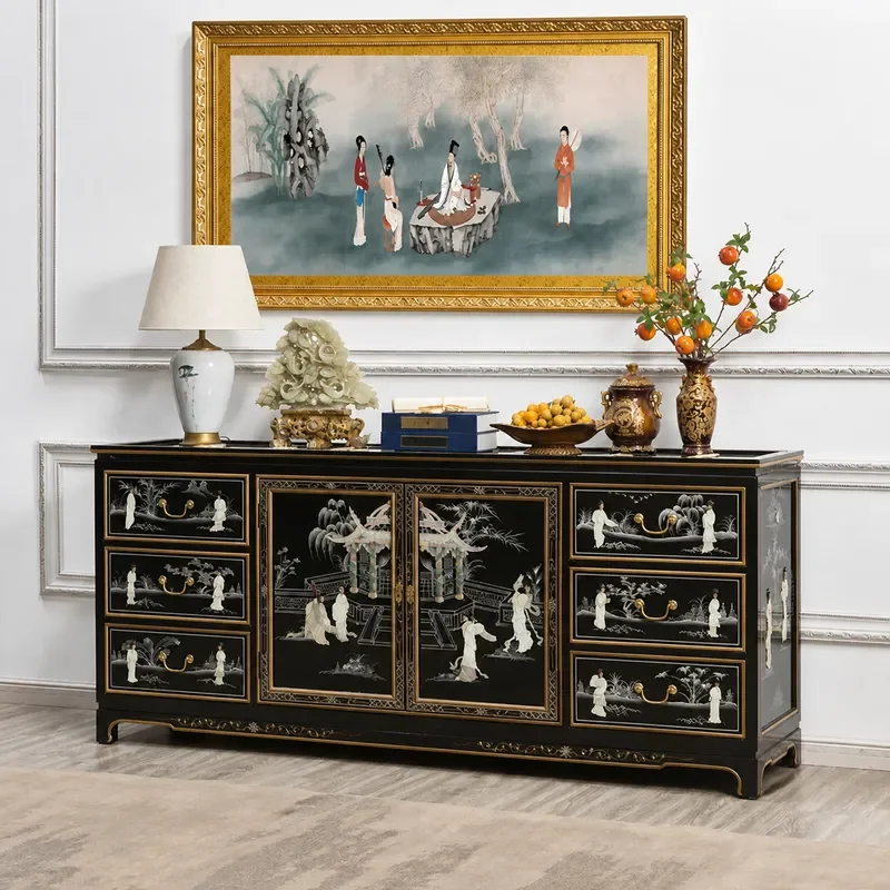 Piano Paint Solid Wood Shell Six Bucket Two Door Cabinet Dining Side Cabinet Luodian Craft Ming and Qing Classical Painted