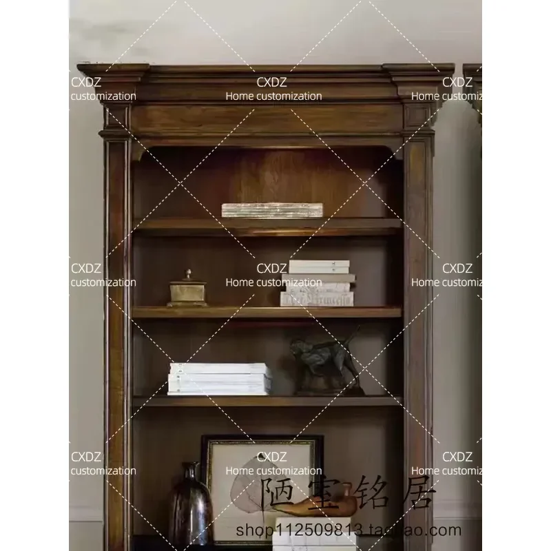Rural Retro Solid Wood Carved Flower Bookcase Wall Mounted Dining Side Cabinet Floor Standing Bookshelf Living Room Storage