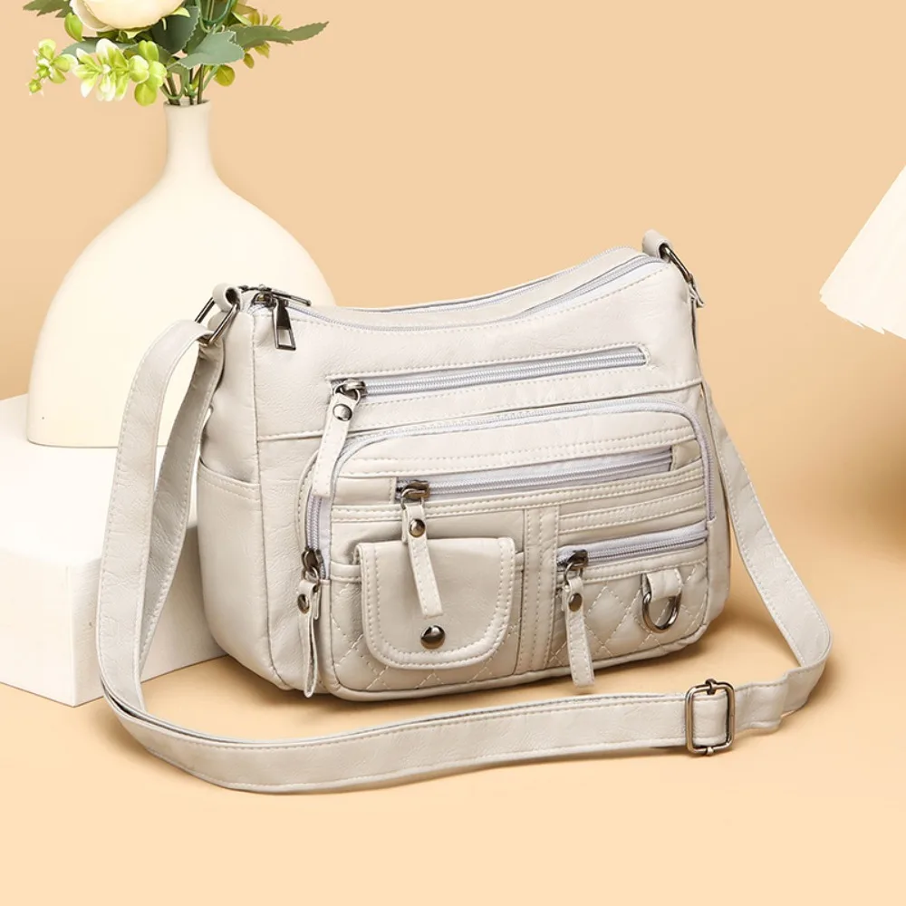 Soft Multiple Zip Pockets Shoulder Bag Retro Large Capacity Crossbody Mommy Bag Simple Waterproof PU Leather Crossbody Bag