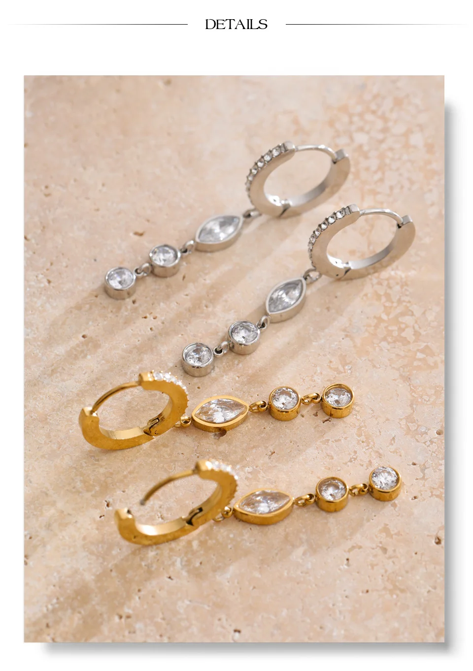 Yhpup Hochwertige Edelstahl-Ohrringe mit kubischen Zirkonia-Ketten, baumelnde Ohrringe, täglicher Edelstahl, modischer Premium-Damenschmuck – Detail 7