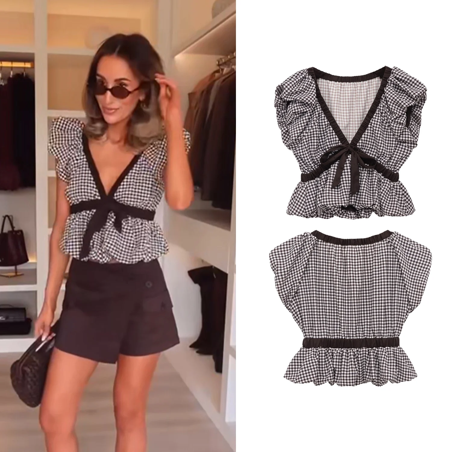 

Женская модная блузка в клетку с бантом, летняя новинка, винтажный стиль, для вечеринок и повседневной носки