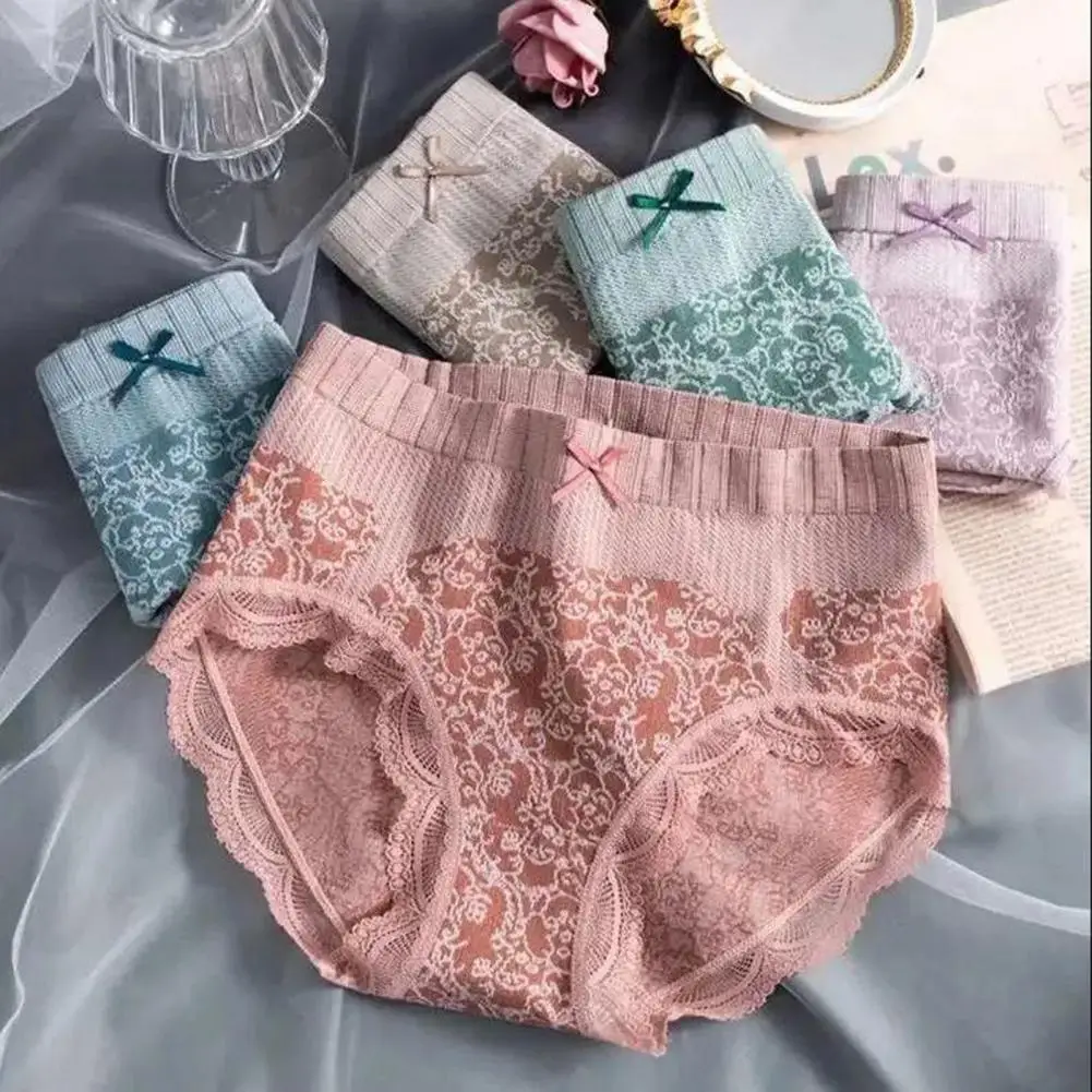 Women High-waist Underwear Anti-septic Crotch Flower Print Lace High Waist Women's Briefs Tummy Control Seamless Underwear