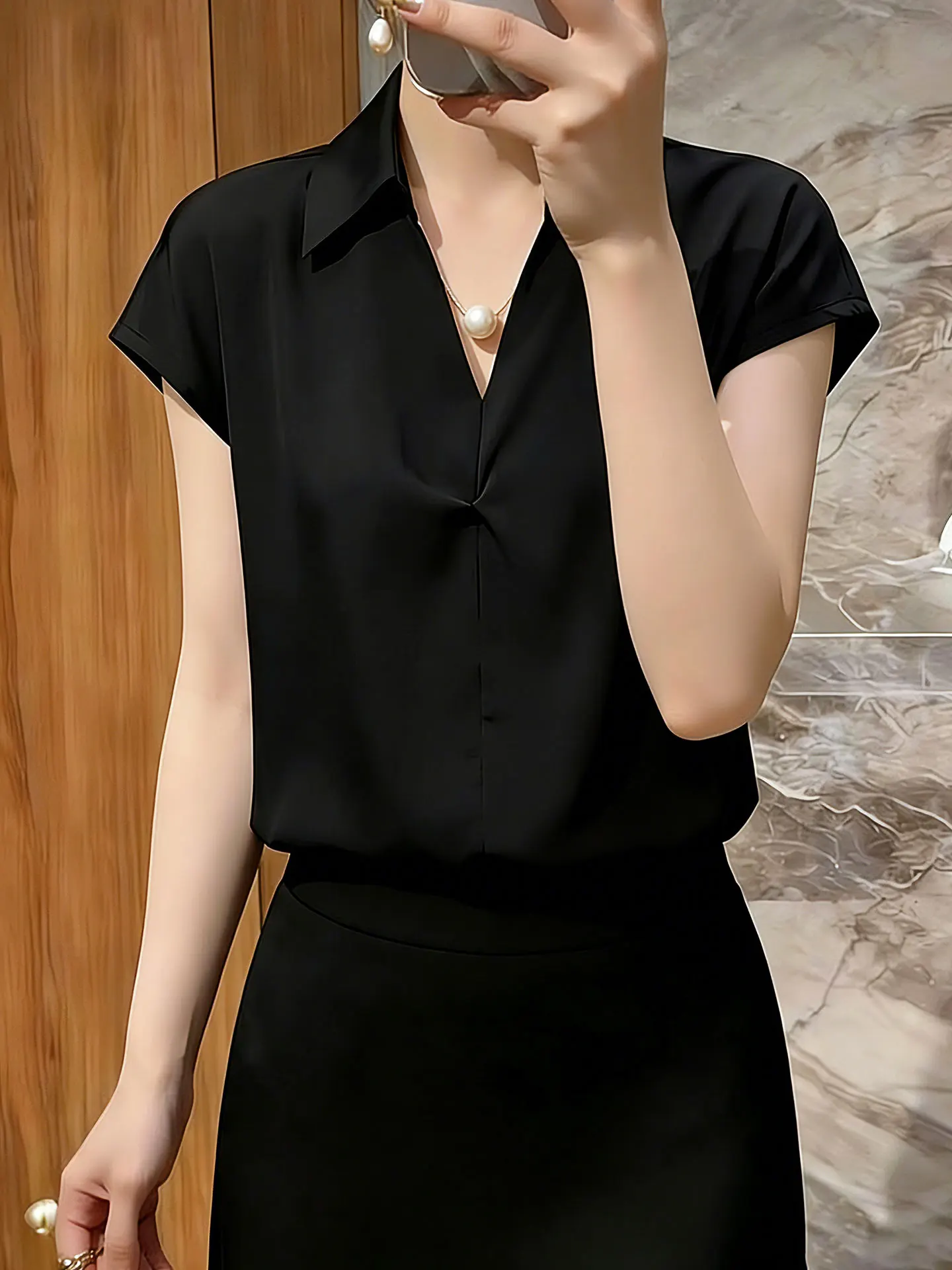 

Ele Bla ort Sve irt Casual Turn-down Collar Women's Top High-end Feel Spring Summer Faion Korean Sle Straigh...