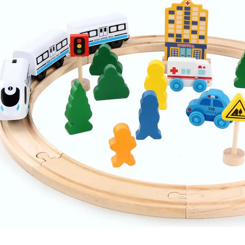 26Pcs/Set Electric Locomotive Train Set with Battery Operated Powerful Engine Wooden Train Track Rail Train Toys for Boys gifts