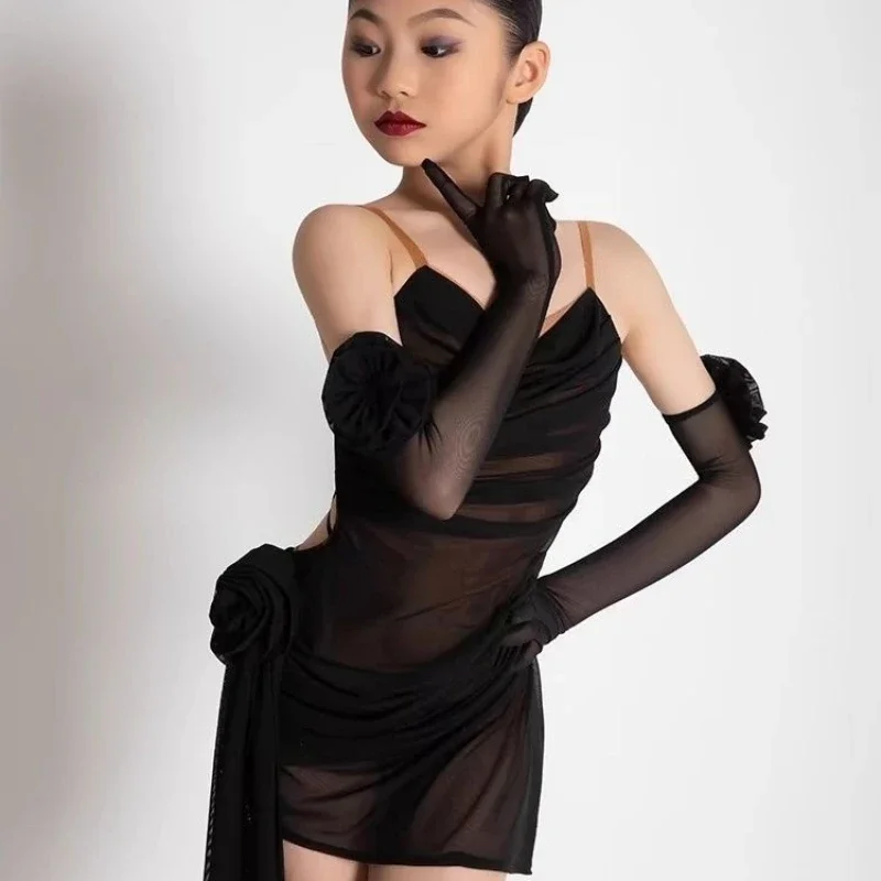 

Summer Latin Dance Dress Girl Strappy Dance Costume Mesh Fabric Breathable Children Standard Dance Training Performance Clothing