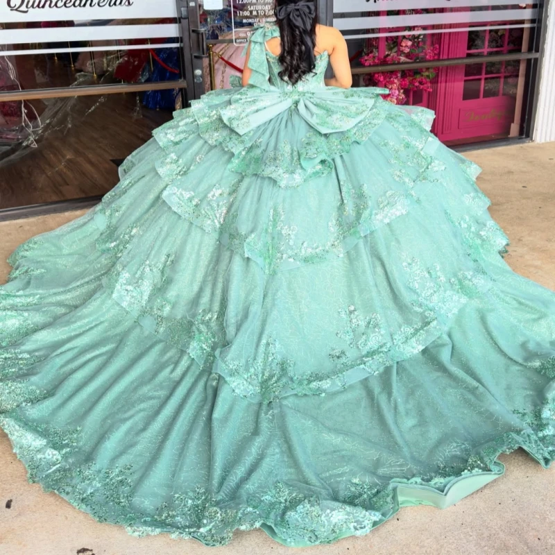 Mint Green Glitter Quinceanera Dresses Off Shoulder Ball Gown Sweet 16 Dress Sequin Applique Beads Bow Tiered Tull Corset Party
