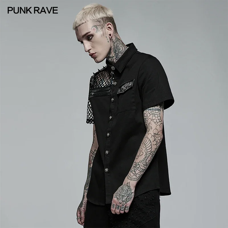 PUNK RAVE Men\'s Punk Simple Profile Asymmetric Stitching Black Shirt Ghost Shaped Buttons Summer Casual Blouses Shirts for Men