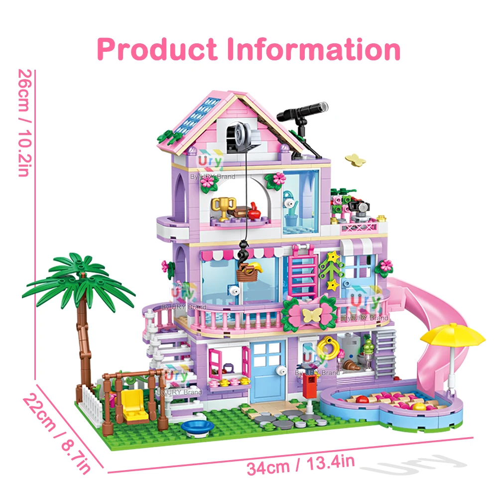 Friends City House Summer Holiday Slide Pool Villa Apartment MOC Building Blocks Set Figure DIY Toys for Kid Girl Christmas Gift
