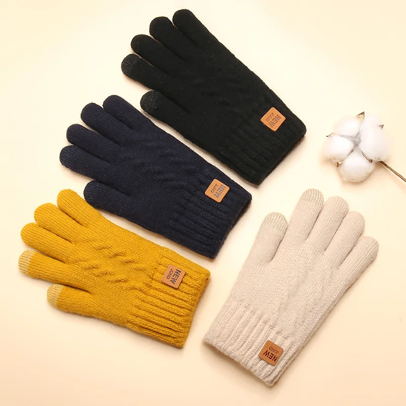 Women Winter Thickened Double Layer Knitted Gloves Wholesale Plus Velvet Cold Proof and Warm Solid Color Touch Screen Gloves