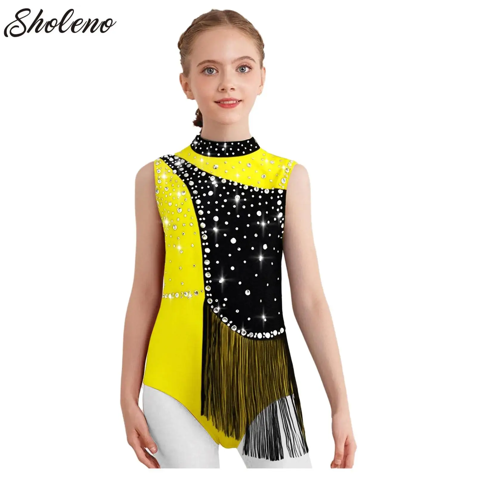 

Kids Girls Rhinestone Tassels Artistic Figure Skating Costume Ballet Jersey Lyrical Performance Dress Gymnastics Dance Dresses