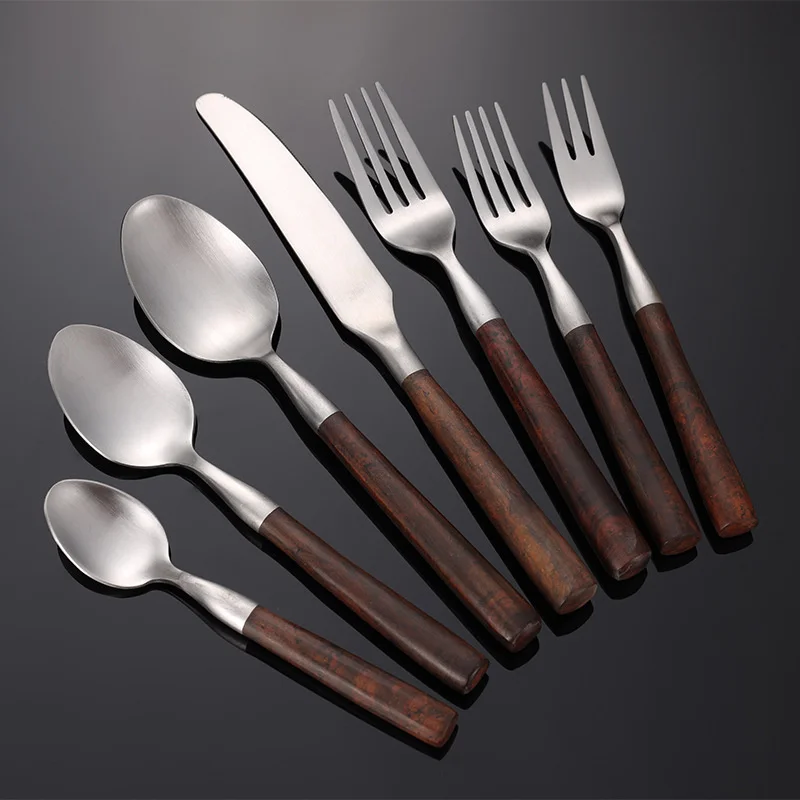 Upscale Frosted Cutlery with wooden Handles Stainless Steel Dinnerware Western Tableware Knife Fork Tea Spoon Silverware