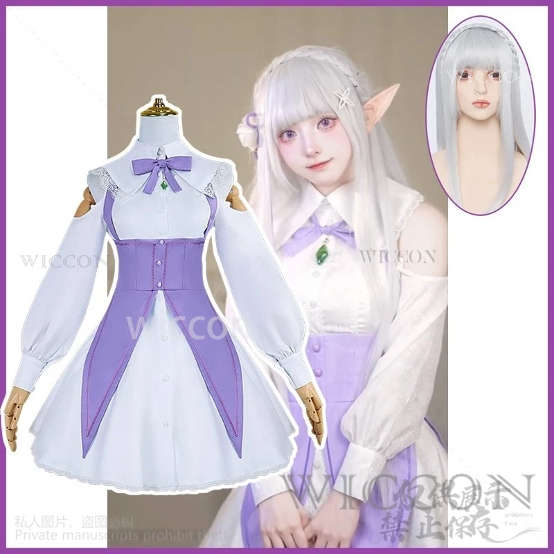 Emilia Cosplay Anime Re: Zero Kostuum Leuke Jurk Lolita Pruiken Uniform Kawaii Halloween Kerstfeest Meisjes Rollenspel Aangepast