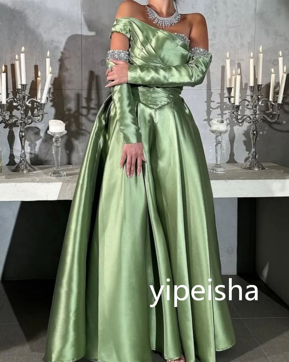 Customized A-line One-shoulder Satin Evening Dresses Draped Floor-Length Prom Gowns Pleat Backless Sequined Party Dresses