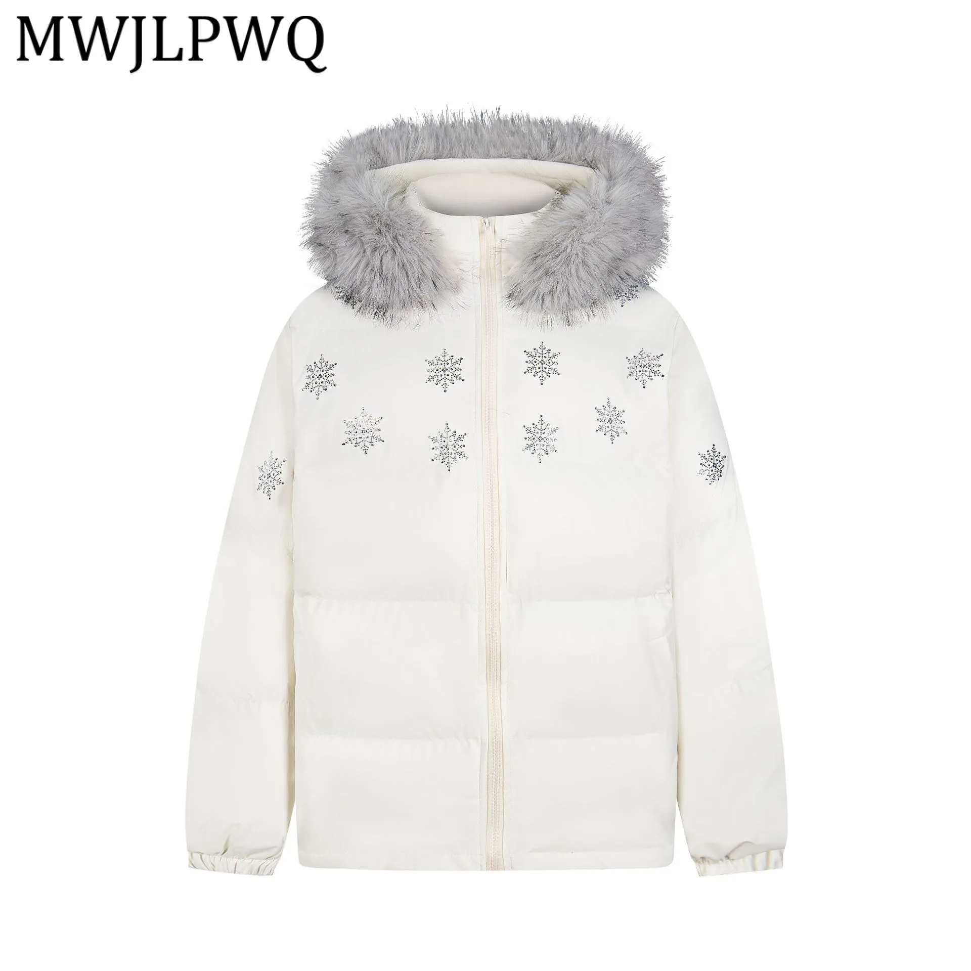 

MWJLPWQ зимняя новая американская ретро стеганая мужская куртка со стразами и принтом, свободная хлопковая куртка с меховым воротником и капюшоном, модная 12946