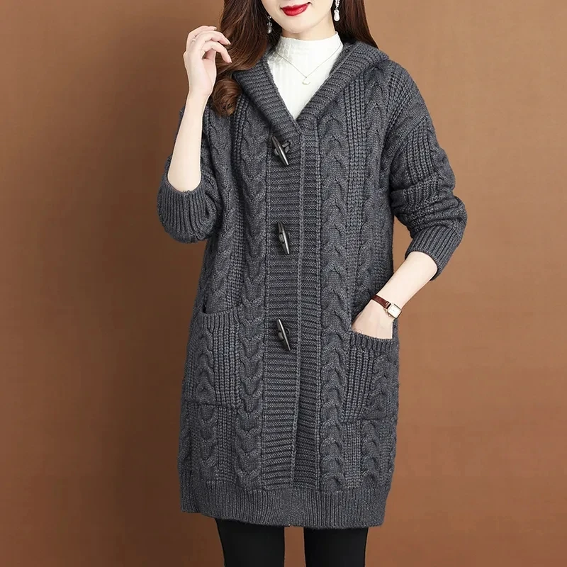 2024 Autumn Winter Large Size Hooded Knitted Coat Women Mid-Long Thicken Cardigan Sweater Female Big Pocket Twists Knit Jacket