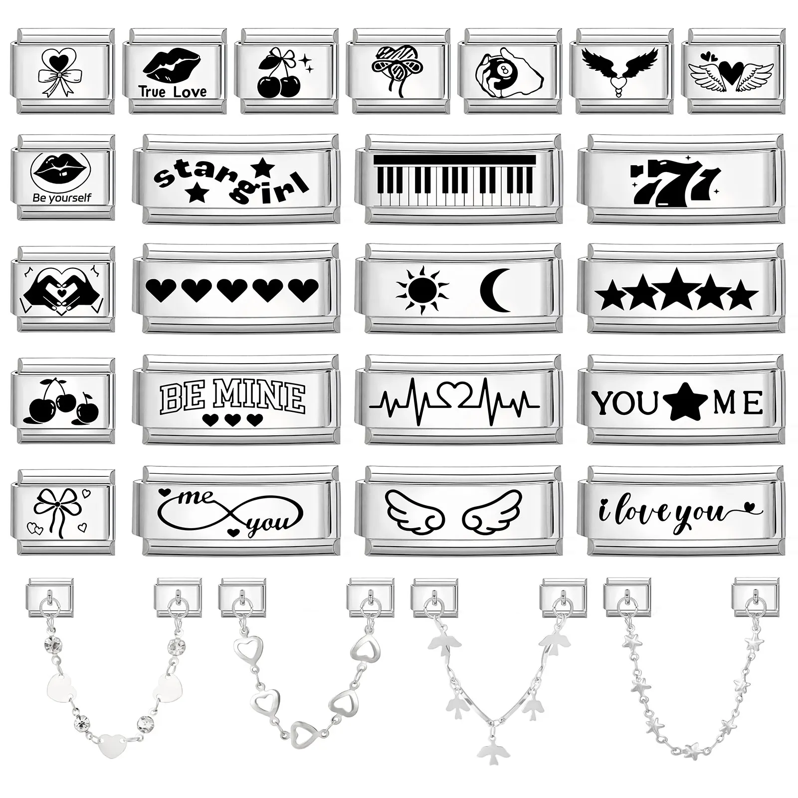New Laser Engraving Piano Heart Star Lips Italian Charm Links Fit 9mm Bracelet Stainless Steel Men Women DIY Making Gifts