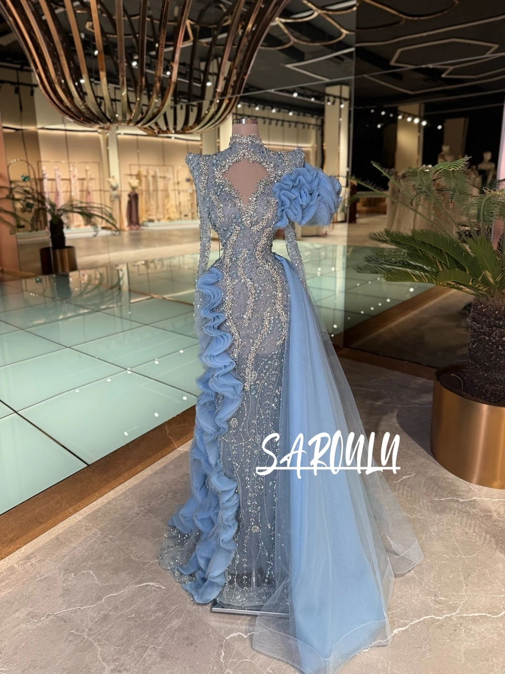 

New Luxury Light Blue Mermaid Evening Dress Beaded Sequins High Neck Cutout Ruffled Prom Gown With Detachable Train Formal Party