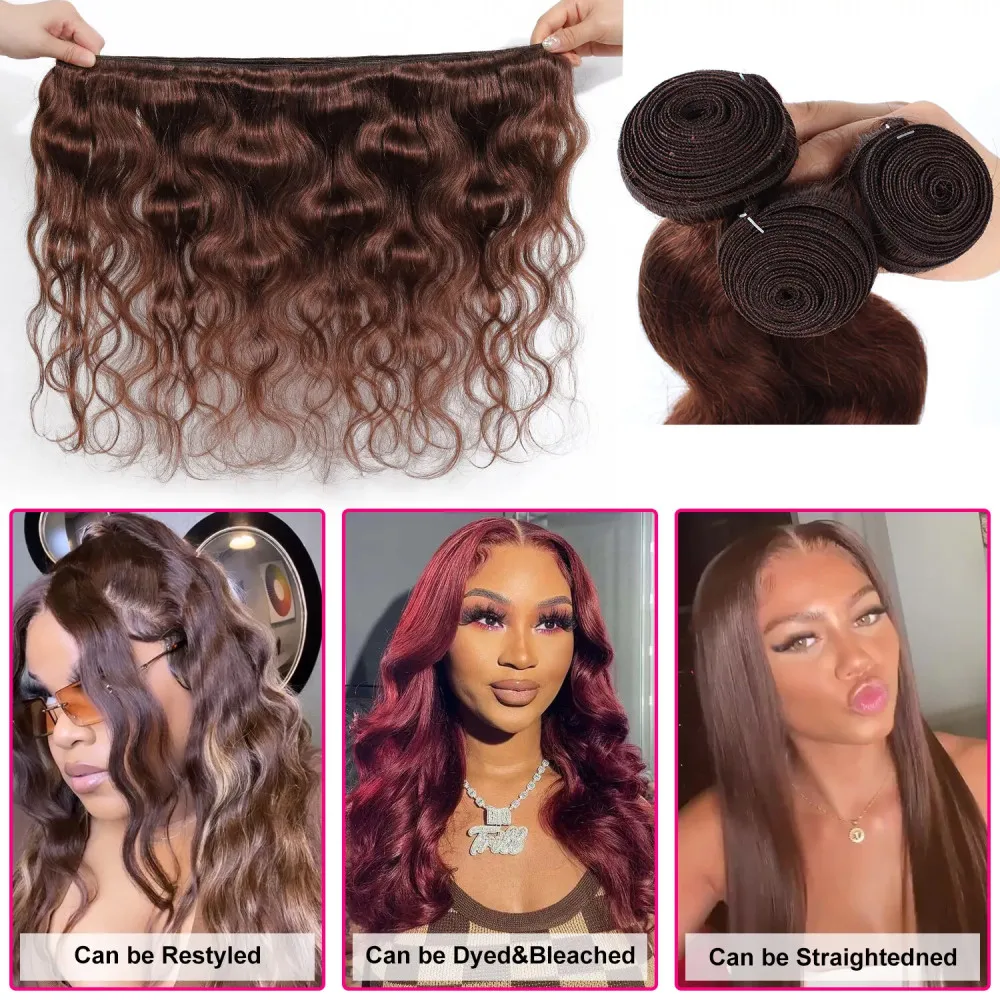 Chocolate Brown Body Wave Human Hair Bundles Weaves Extension 22 24 26 Inches For Woman Brazilian 100% Real Human Hair Color #4