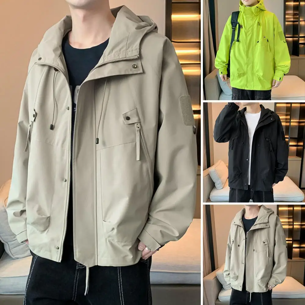 

Men Fashionable Outdoor Coat Windproof Outdoor Jacket with Hood Long Sleeve Climbing Outwear for Men Multi Pockets Coat