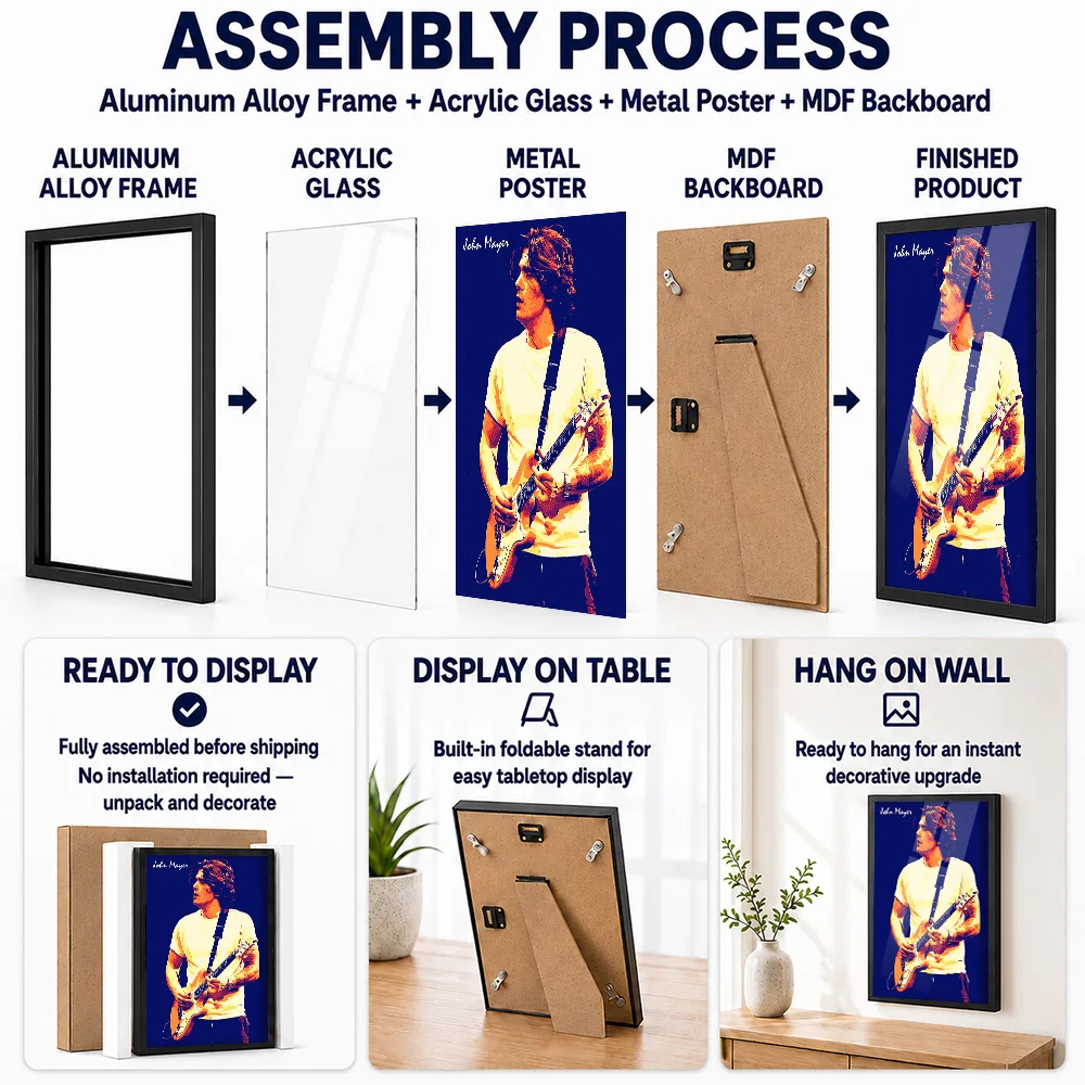 John Mayer Playing Guitar, Pop Color Framed Metal Print Customized Photo High Contrast Graphic Style Wall Art For Home Office
