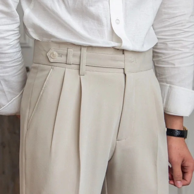 New Casual Solid Color Suit Trousers Men Spring Trendy Belt High Waist Pants Male Business Office Fashion Pleated Straight Pants