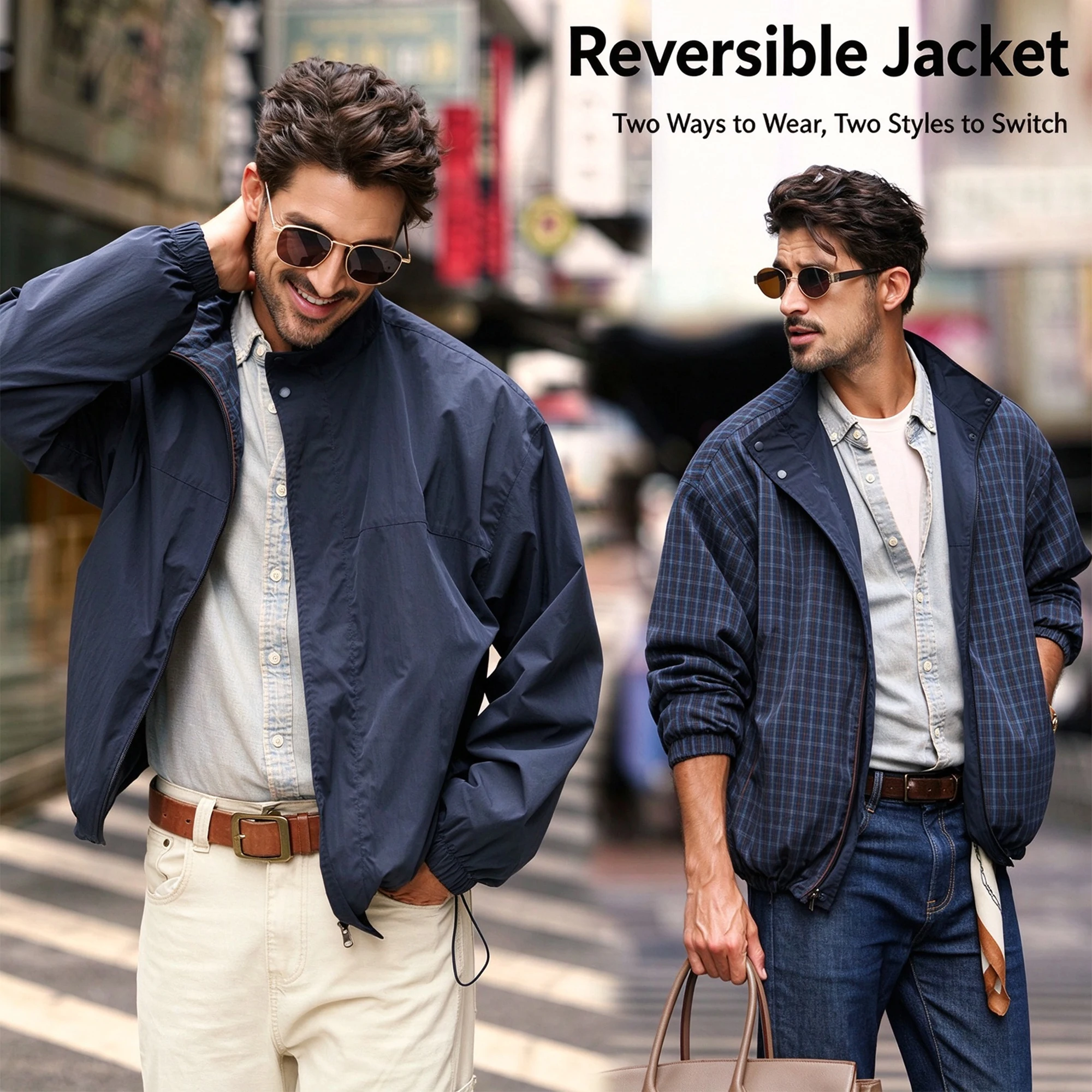 Reversible Jacket for Men, Lightweight Spring and Autumn New Style, Stand-Up Collar, Plaid, Loose Fit, Windproof, Sporty, American Casual Jacket