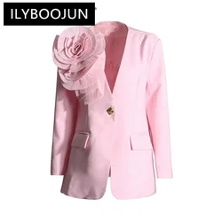 ILYBOOJUN Solid Patchwork Appliques Blazers For Women V Neck Long Sleeve Spliced Pockets Casual Loose Blazer Female Fashion