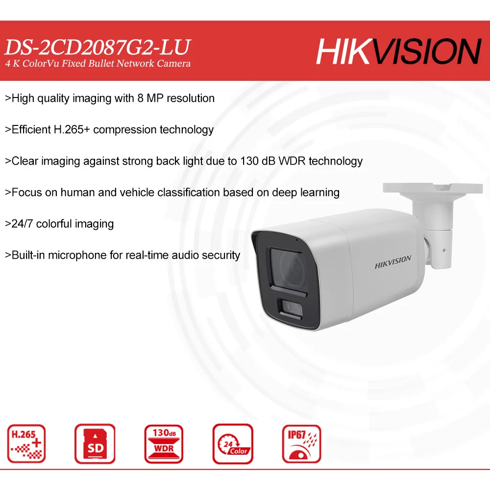 Original Hikvision DS-2CD2087G2-LU 4K 8 MP ColorVu Fixed Bullet Network Camera 24/7 Colorful Imaging Built-in MIC SD Slot H.265+