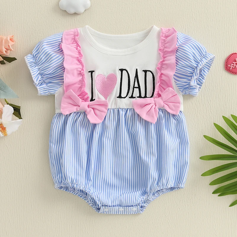 Adorables mamelucos para niñas con lindo bordado de letras y diseño a rayas con cuello redondo y mangas cortas: elegante