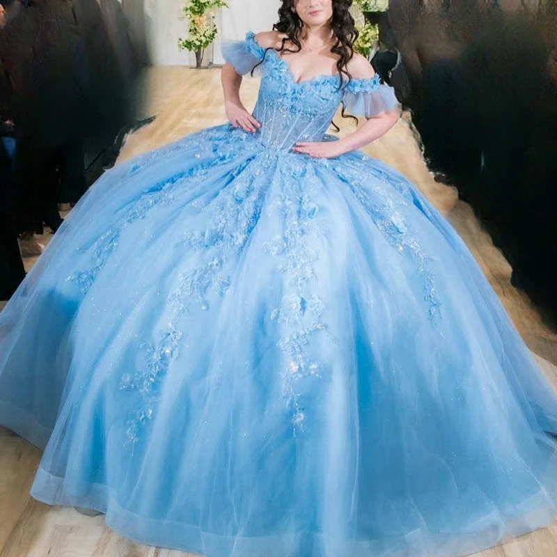 Maßgeschneiderte himmelblaue Quinceanera-Kleider, Ballkleid, schulterfrei, Applikationen, Spitze, Schleife, Perlen, Tüll, süßes 16-Kleid, Vestidos 15 De Anos