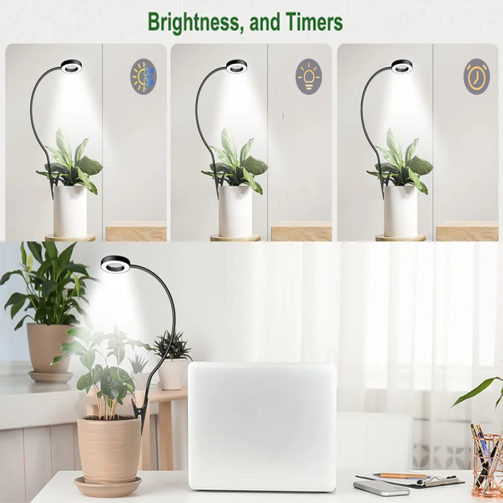 Luz LED para cultivo de plantas, Clip para maceta de espectro completo, USB, interruptor de 3 colores, temporizador de atenuación para el jardín del hogar