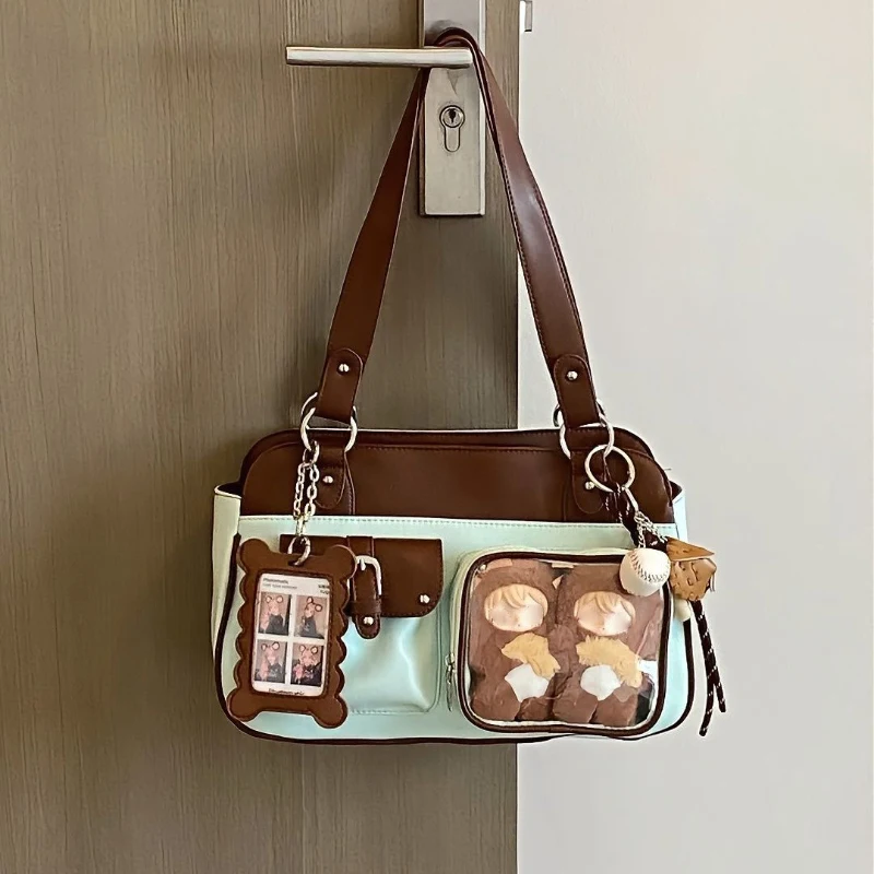 New Retro Style Women Shoulder Bag Wide Strap Square Transparent Window Display Candy Color Handbag Daily Party Casual Tote Bag