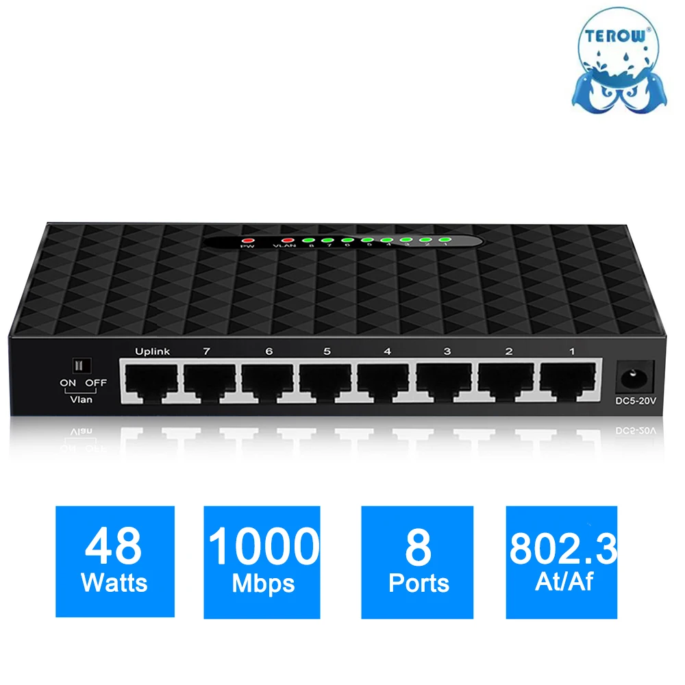 

TEROW Gigabit Network Switch 8 Port 1000Mbps Smart Ethernet Switcher High Performance RJ45 Hub Internet Splitter Plug and Play